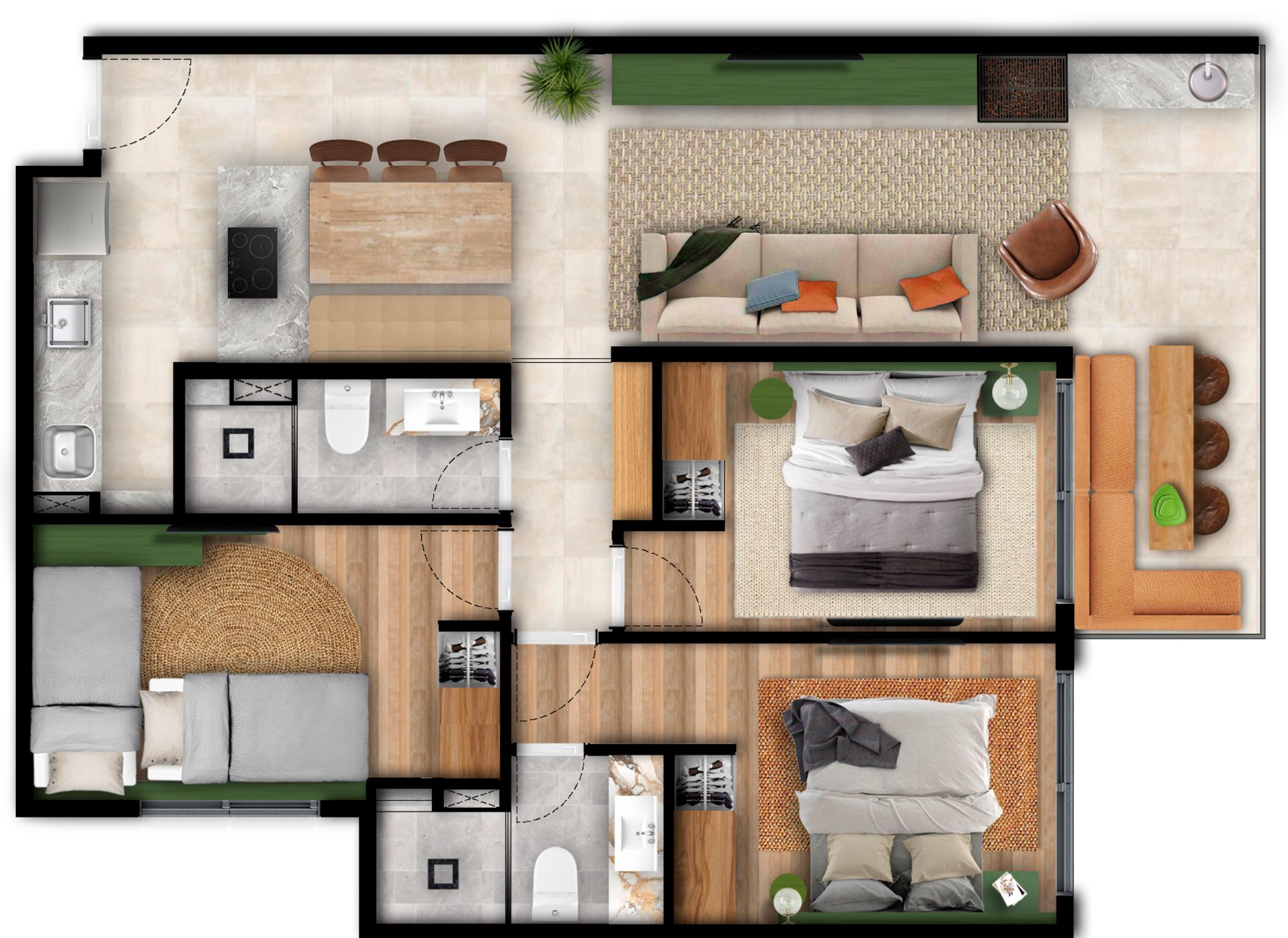 Planta do apartamento de 79 m\u00b2: uma su\u00edte, dois quartos, banheiro social, sala para dois ambientes, varanda gourmet, cozinha completa e integrada e \u00e1rea de servi\u00e7o.